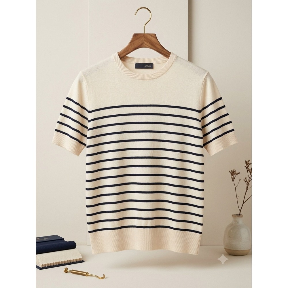 Zara Womens Small Cream Navy Blue Striped Short Sleeve Knit Crewneck Sweater Top